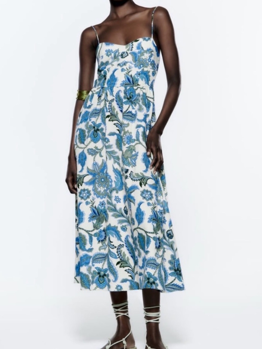 Zara White Midi Dress with Blue & Green Floral Print